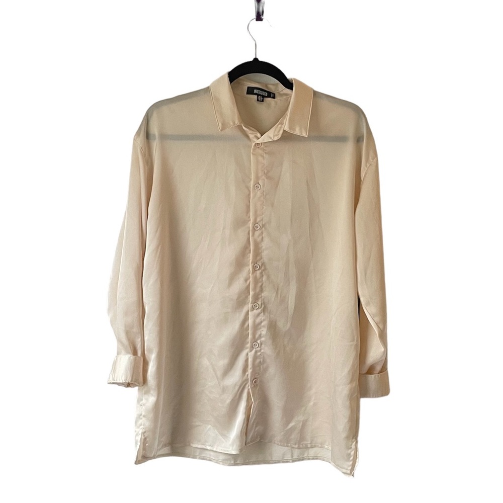 Missguided oversized satin cream nude button down blouse size 2
